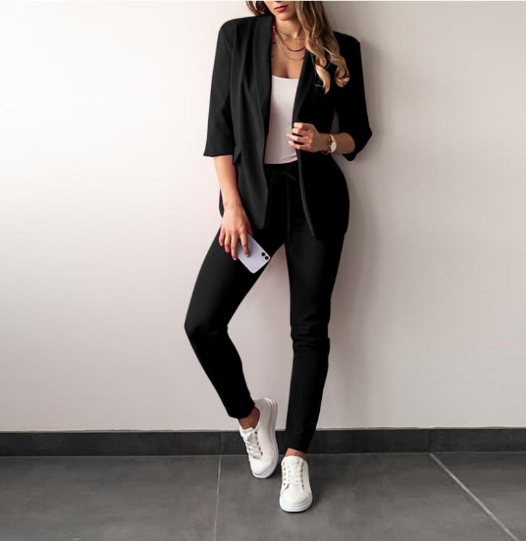 Leisure Fashion Tailored Suit Women's Suit Product information: Fabric name: Polyester Sleeve type: regular sleeve Pants length: trousers Main fabric composition: Polyester (polyester fiber) Size: S,M,L,XL,XXL Applicable Gender: Female Style type: Japanes