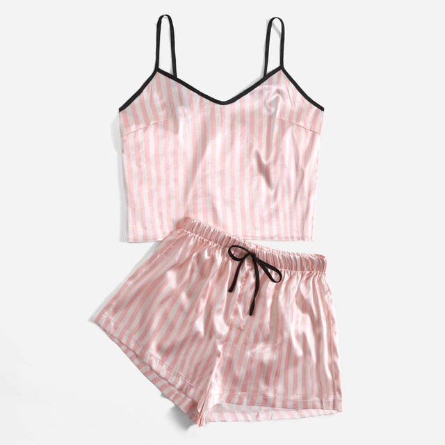 Sexy Stripe Women Sleepwear Set Finely crafted and made of the highest quality fabrics, Sexy Stripe Women Sleepwear Set makes for the perfect addition to any woman’s wardrobe. The two-piece set features a Cami Top and matching Shorts, both made with luxur