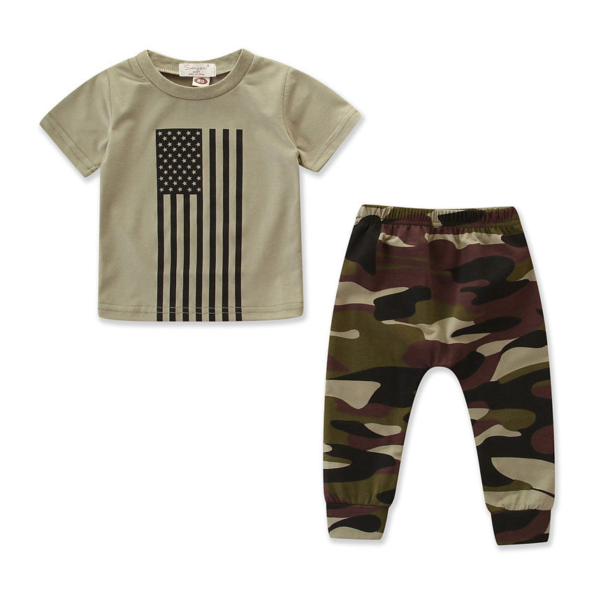 Little Kids' Suit Summer Men's Clothing Independence Day Flag Camouflage Suit Product information: Pattern: Camouflage Color: 19A1026 Pants length: pants Gift Box content: Clothing Suitable height: 80cm, 90cm, 100cm, 110cm, 70cm Suit type: shirt and pants