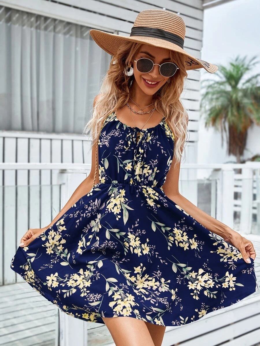 Floral Print Suspender Dress With Elastic Waist Design Fashion Summer Short Dresses Womens Clothing Product information: Material:Polyester fiber Style:Fashion Simple Features:Solid color Color:picture color Size Information: Note: 1. Please allow 2-3cm d