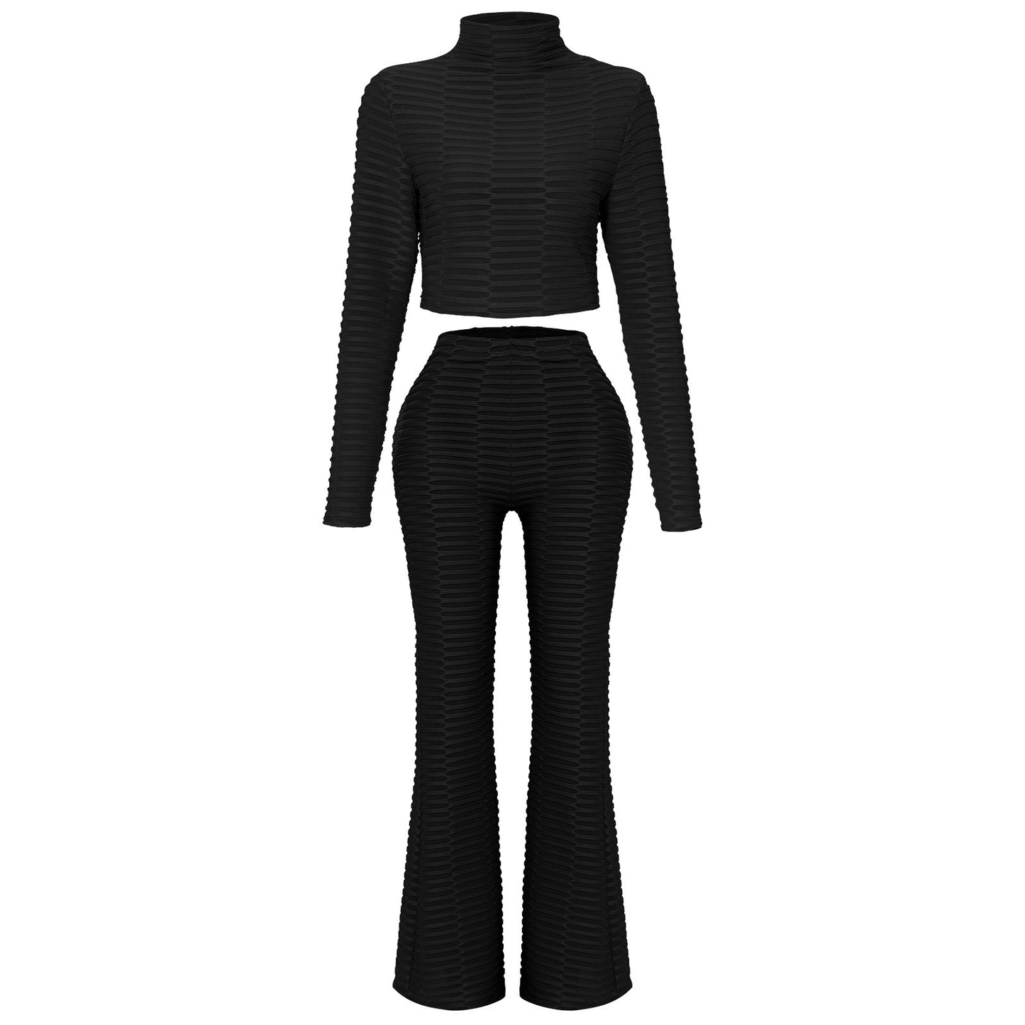 Women's Fashion Casual Suits Short Tops Slim Fit Flared Pants Product information: Fabric Name: Waffle Main fabric: 97%polyester 3%spandex Length: trousers Process: Embossing Color: black, pink, royal blue Style type: private service ladies Suit style: pa