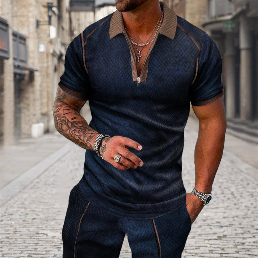 Men's Summer Fashion 3D Printed Short Sleeve Geometric Zip Lapel Shirt Set Product information: Material:Polyester Fiber (Polyester) Style:hip hop Features:printing Colour: dark blue Size Information: Size: S/M/L/XL/XXL/3XL/4XL/5XL Note: 1. Asian sizes ar