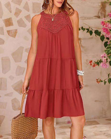 Summer Halterneck A-line Dress With Flower Hollow Lace Design Casual Loose Vacation Beach Dresses For Womens Clothing Product information: Material:Polyester + Spandex Style:Fashion Simple Features:Solid color Color:picture color Size Information: Note: 1