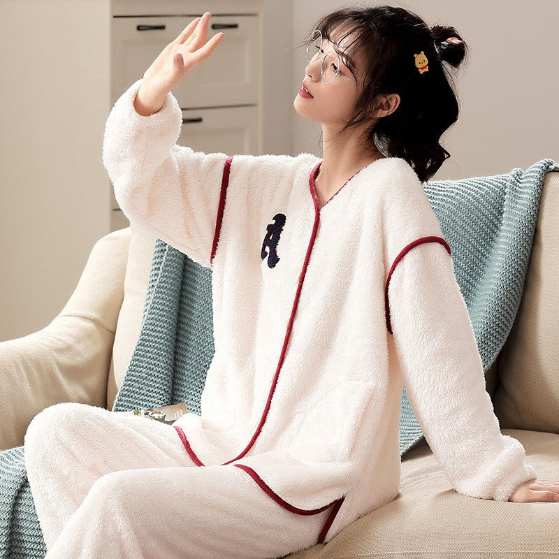 New Flannel Pajamas Women's Long Sleeve Fleece-lined Cartoon Product information: Color: beige V dense A Pants length: trousers Applicable group Category: Young Women Size: M,L,XL,XXL Fabric thickness (gram weight): thickness (251-300g/square meter) Style