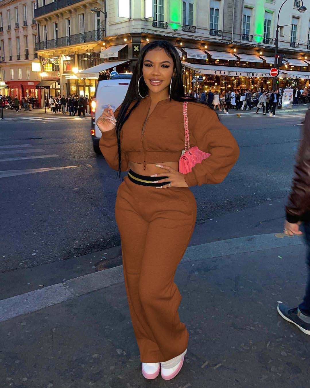 Fleece Sweatshirt Sports And Leisure Two Piece Suit Product information : Style: two-piece set Top style: coat Shirt sleeve length: long sleeve Popular elements: stitching Craft : collage/stitching Main fabric composition: polyester fiber Color: brown, wi