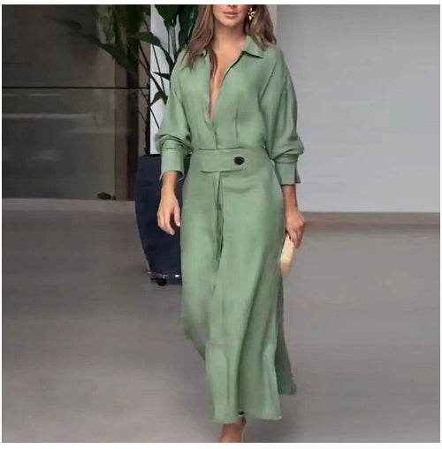 V-neck Long Sleeve Lapel Dress For Women Fashion Slim Long Dress Product Details: Fabric Name: Polyester Pattern: plain Process: shirring Waist type: high waist Color: sky blue Main fabric component content: 50% (inclusive) -70% (exclusive) Size informati