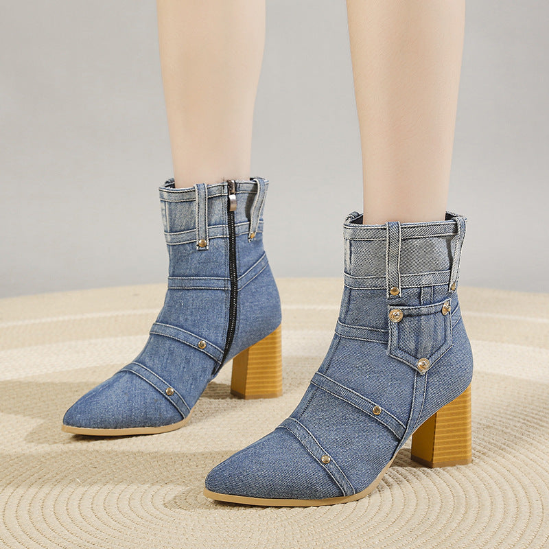 Denim Pointed Toe Chunky Heel Martin Boots Women Product information: Color: Black, Blue Heel height: high heels (6-8CM) Size: 35, 36, 37, 38, 39, 40 Sole material: rubber Toe bracket shape: Tip Shoe Upper material: artificial pu Applicable Gender: Female