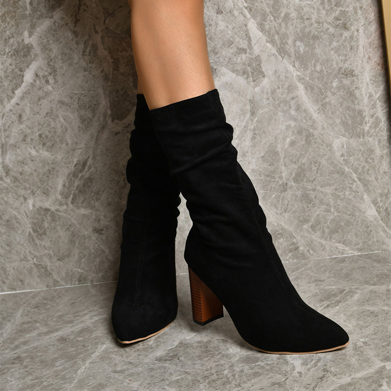 Pointed Toe High Block Heels Boots Woman Winter Warm Mid-calf Suede Long Boots New Fashion Trendy Solid Shoes For Party Lady Product information: Upper Material: Suede Sole Material: Rubber Applicable gender: female Toe Shape: Pointed Toe Heel shape: Chun