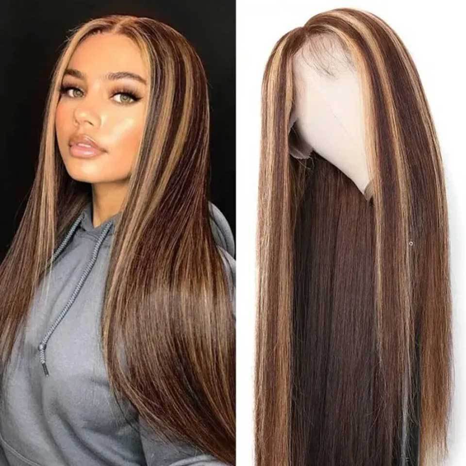 Front Lace Piano Pick Dyeing 4 27T Human Hair Headgear Wig Product information: Model: 4/27 Applicable people: general Treatment process: T-shaped hand woven Can it be dyed and ironed: it can be dyed Hair material: real hair Applicable skin tone: any skin