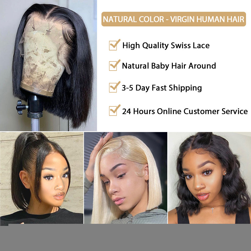 Short Bob Wig Straight 13x4 Transparent Lace Frontal Human Product information: Hair Sytle:13x4 Lace Wig Density:180% Elastic band:Yes, has Elastic band Life Time:12-24 months Hair Material:100% Human Hair,Can be Dyed your favor, Bleach/Dye Friend Hairlin