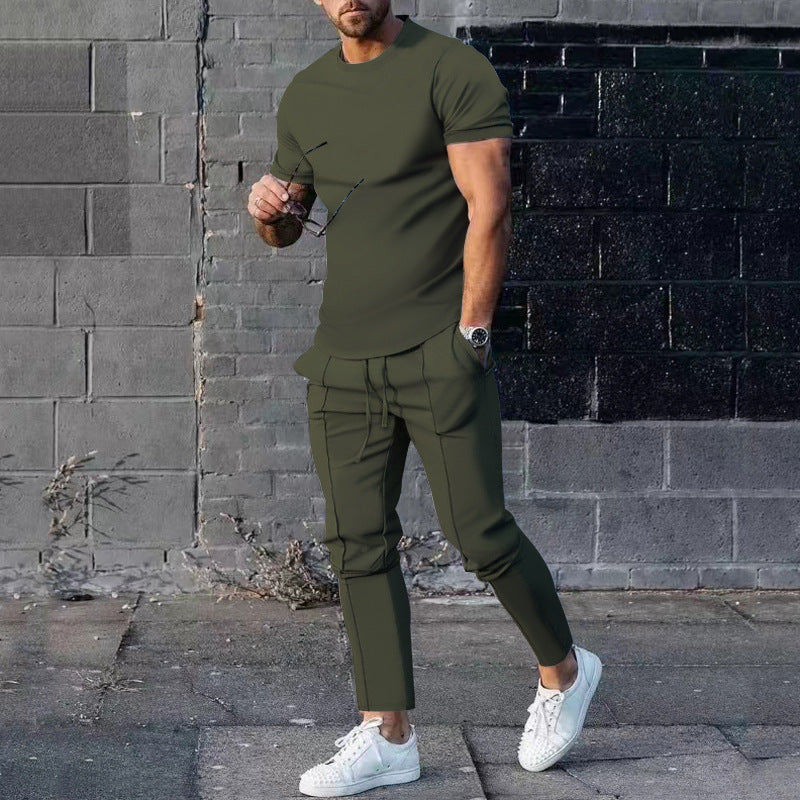 Solid Color Casual Round Neck Short Sleeves T-shirt Trousers Two-piece Set Product information: Color: black suit, light gray suit, light blue suit, dark gray suit, beige suit, army green suit Size: M,L,XL,XXL,XXXL Fabric name: Chemical Fiber blend Applic