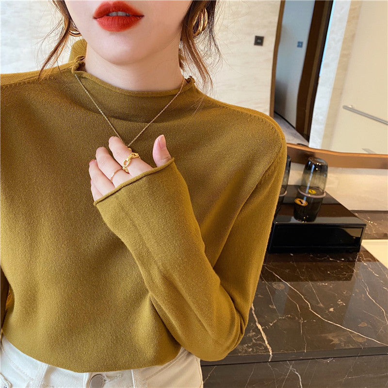 Spring And Autumn New Thin Mock Neck Sweater Women Product information: Color: white, black, apricot, gray, light yellow, blue, purple, green, orange, oatmeal, plum, mustard yellow Size: free size Style: slim fit Style type: Japanese and Korean casual Com