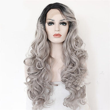 2 Tones synthetic lace wig grey black Ombre wavy wigs long curly hair Product information: Hair material: high temperature wire Wig bangs classification: middle point bangs Wig hairstyle: long curly hair Packing list: Wig*1 2 Tones synthetic lace wig grey