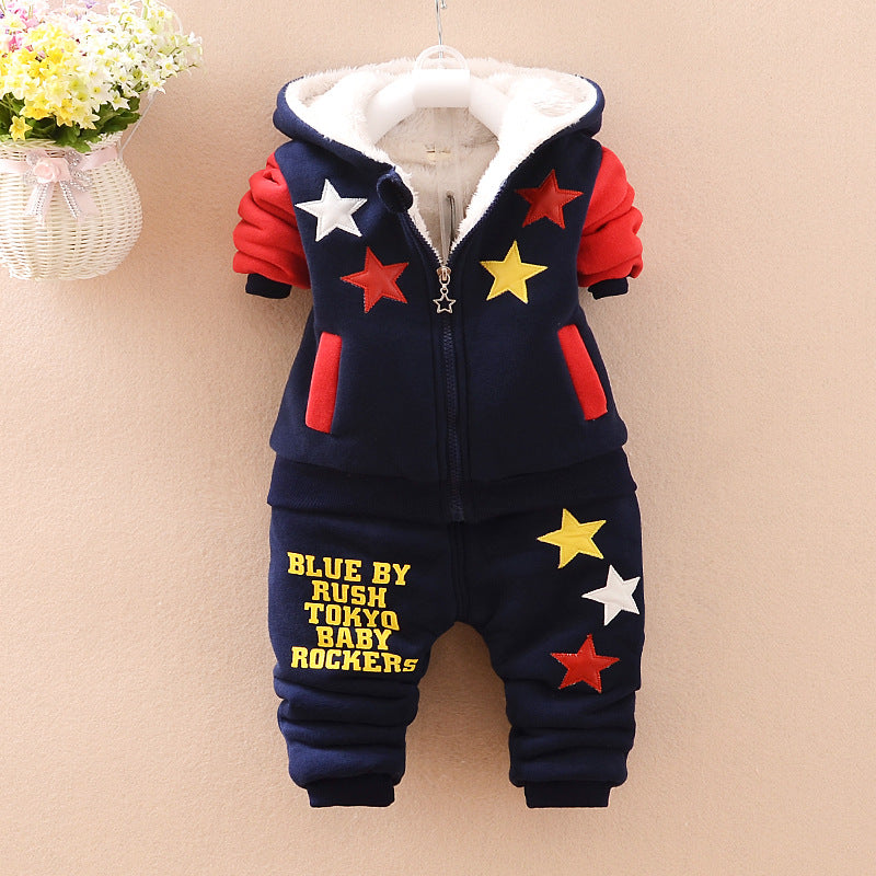 Add velvet and thicken winter three - piece set Applicable gender: Male Style: Korean version Suit type: Pantsuit Suitable for age groups; Cuhk Child (aged 8 or above, 140cm or above) Pattern "others Flat stitch distance 12~14 stitches /3cm: no Main fabri