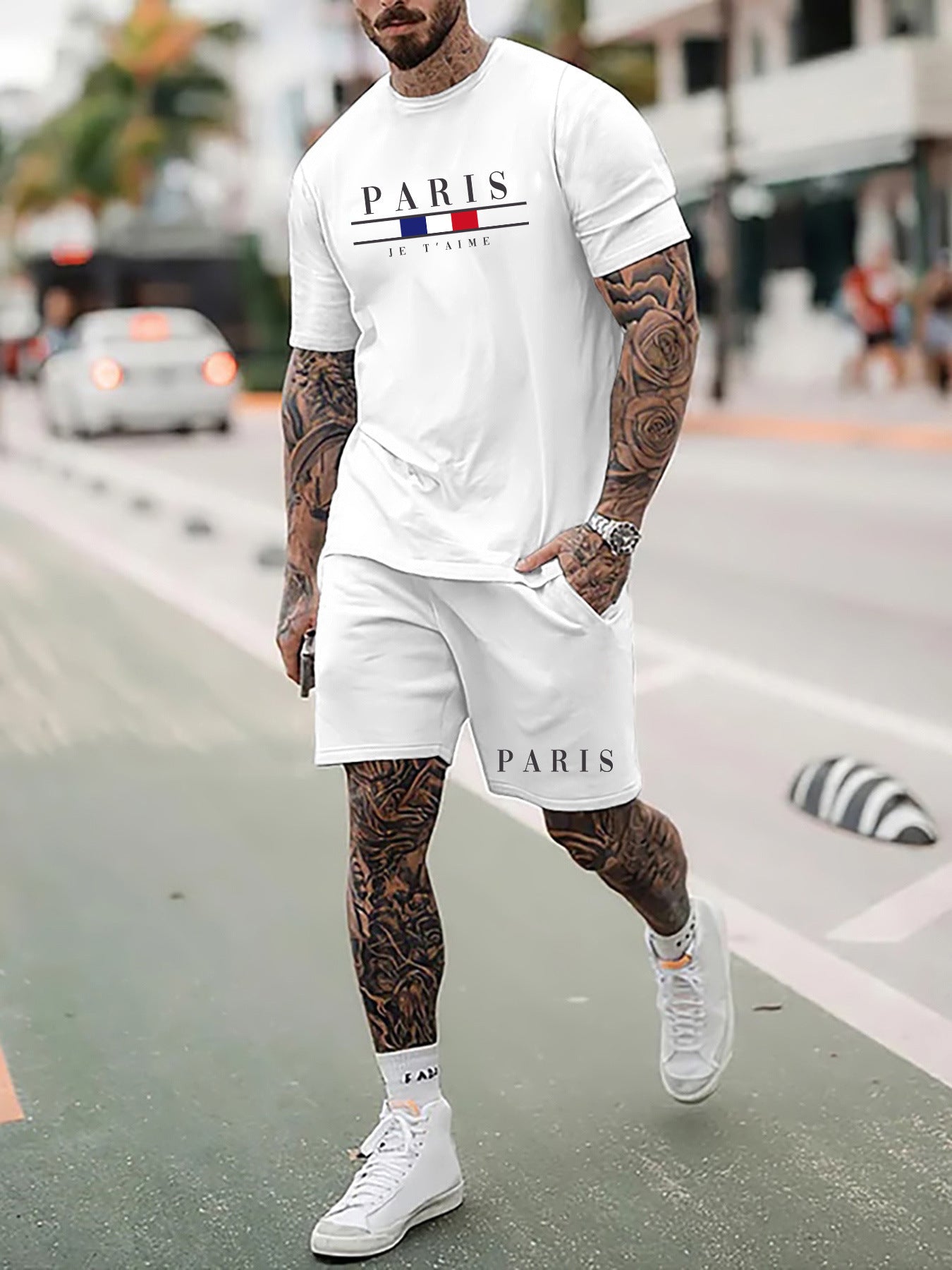 Men's Fashion Casual T-shirt Shorts Set Product information: Thickness: thin Fabric name: Combed Cotton Color: black, white, black white, sky blue Main fabric composition: Cotton Size: M,L,XL,XXL,S,XS Applicable Gender: Male Sleeve length: short sleeve Pa