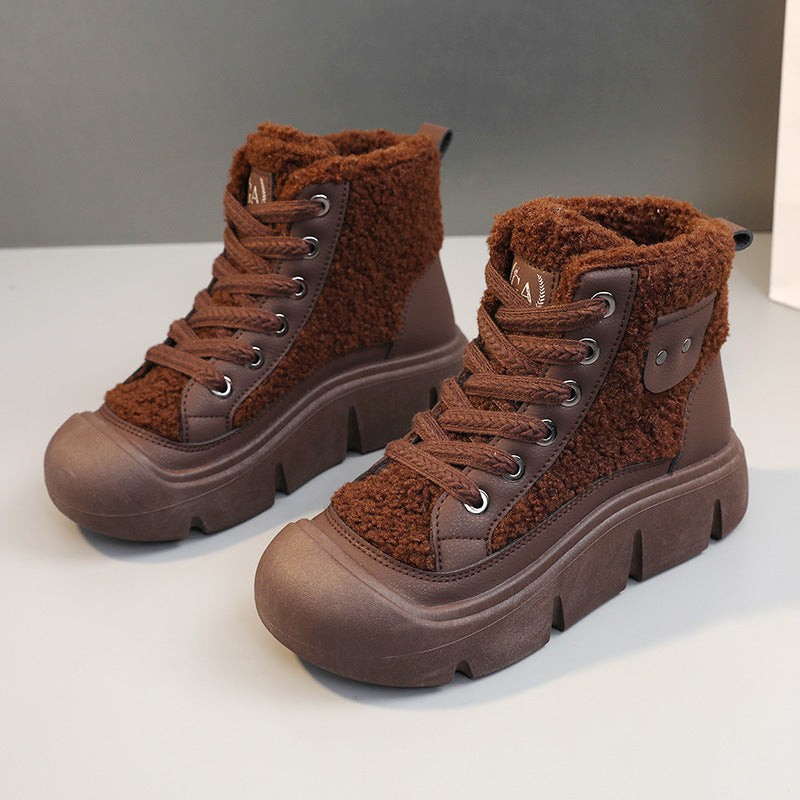 Lace-up High-top Flat Shoes For Women Winter Warm Cashmere Snow Boots Fashion Street Campus Students Height Increasing Shoes Product information: Upper Material: Artificial PU Sole Material:Rubber Gender:Female Upper Height: Low Sole:Injection moulding We