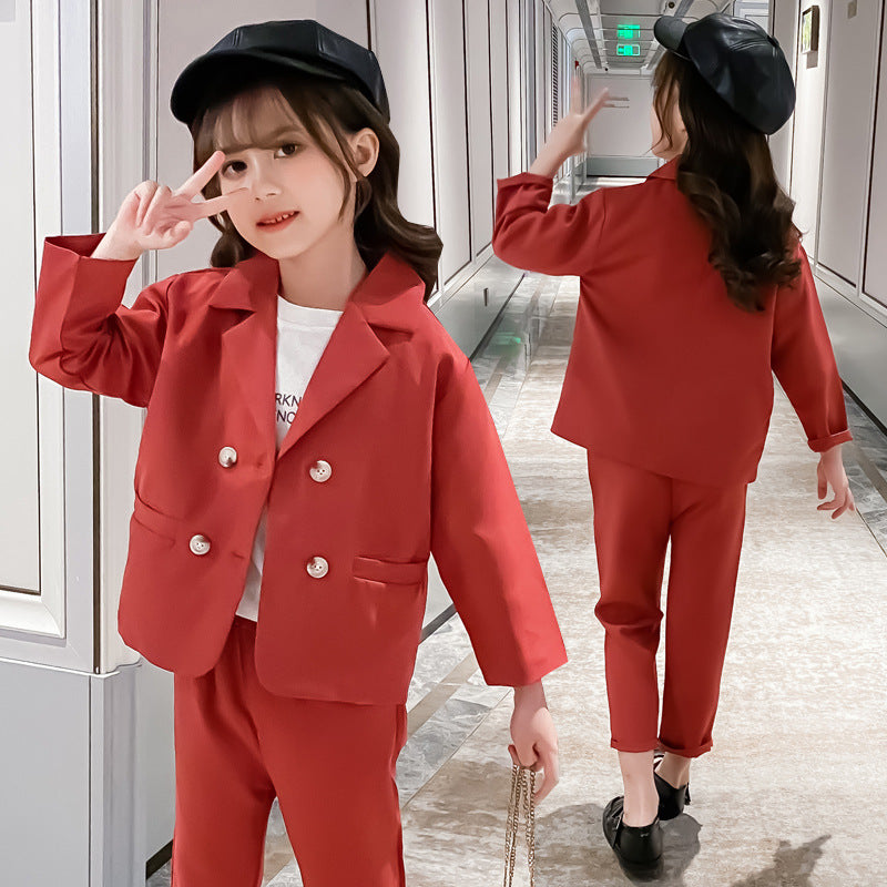 Girl suit two-piece suit Applicable gender: female Style: Korean Suit type: pants suit Number of sets: two sets Suitable age: middle-aged and older children (over 8 years old, over 140cm) Suitable season: autumn Sleeve length: long sleeve Length: trousers