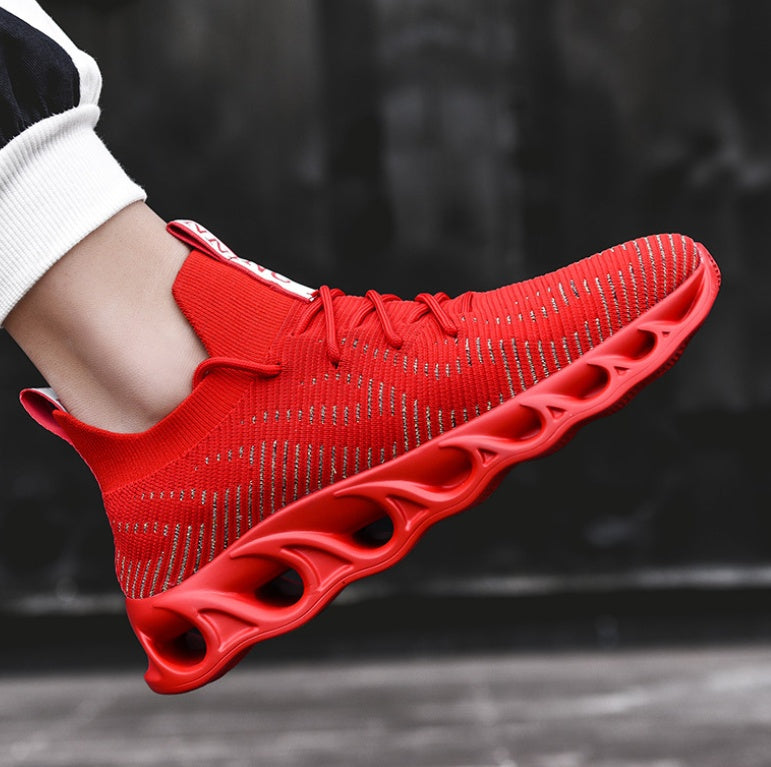 Flying woven hollow running shoes Style: Sports Function: Breathable, lightweight Upper material: flying mesh Wearing style: front strap Whether foreign trade: Yes Popular elements: sewing thread, cross straps Heel shape: flat heel Inner material: mesh To