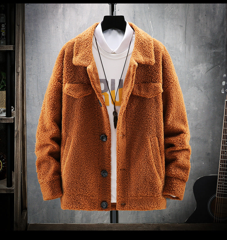 Trendy Handsome Lamb Plush Men's Jacket Specifiation : Product Category: Jacket Style: Korean Collar Type: Lapel Edition type: fit type Placket: single breasted Whether hooded: not hooded Thickness: thicker Suitable season: autumn Suitable for the crowd:
