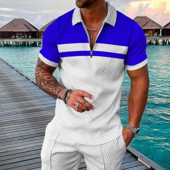 Men's Summer Fashion 3D Printed Short Sleeve Geometric Zip Lapel Shirt Set Product information: Material:Polyester Fiber (Polyester) Style:hip hop Features:printing Colour: blue white Size Information: Size: S/M/L/XL/XXL/3XL/4XL/5XL Note: 1. Asian sizes a