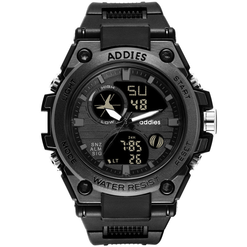 Plastic multifunctional watch Movement: electronic + quartz movement Table mirror: transparent acrylic Strap: PTU Case: ABS + alloy Water resistance: 30 meters waterproof Watch thickness: 17.5mm Strap width: 22mm Case diameter: 50mm Watch full length: 25c