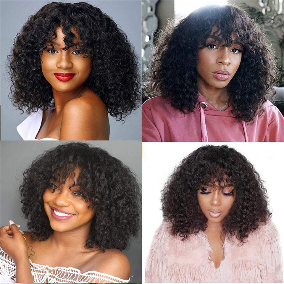 Kinky Curly Human Hair Wigs With Bangs Product information: Applicable crowd: women Treatment process: mechanism Color; 150%,180% Can I dye it: can I dye it Hair material: human hair Applicable skin color: any skin color Applicable face type: any face typ