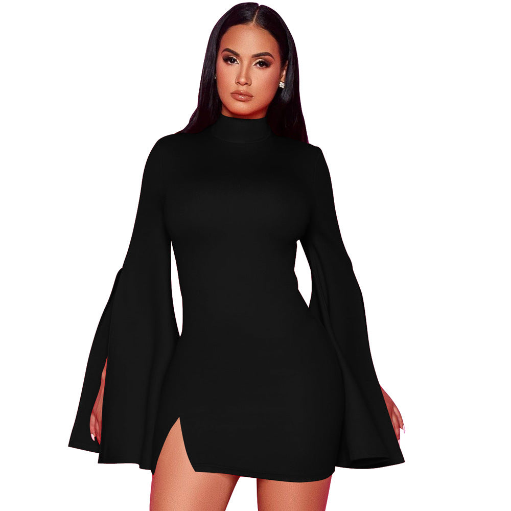 Women's Pure Color Split Flared Long Sleeve Dress Product information: Color: red, black Size: S,M,L,XL Skirt length: short skirt Fabric name: Polyester Sleeve type: Flight sleeve Main fabric composition: Polyester (polyester fiber) Sleeve length: long sl