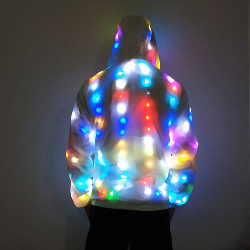 Men LED Luminous Clothes Colorful Jacket Product Information: Product Category: Jacket Placket: zipper Whether Hooded: Hooded Thickness: General Pattern: solid color, LED colorful light Main fabric composition: nylon/nylon The content of the main fabric i
