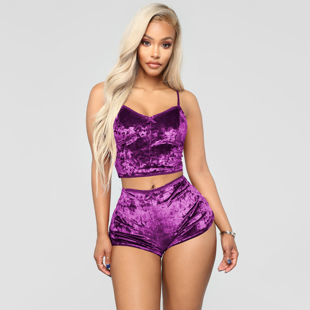 Hollow sexy slim velvet lace two-piece suit Style: Sexy pattern: plain Popular elements: lace, hollow, bow Process: high temperature setting Fabric name: Korean velvet Main fabric composition: polyester fiber (polyester) 1. Asian sizes are 1 to 2 sizes sm