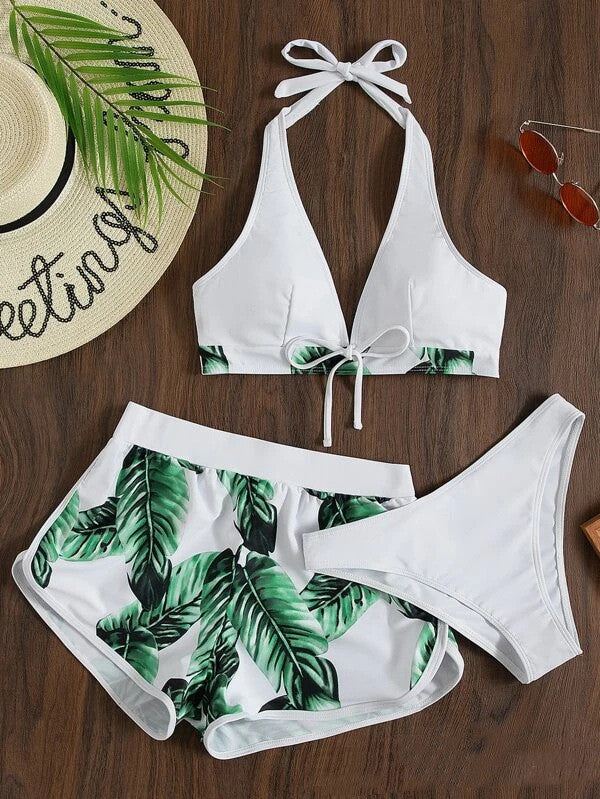 3pcs Leaf Print Bikini With Shorts Fashion Summer Beach Swimsuit Womens Clothing Overview: Unique design, stylish and beautiful. Good material, comfortable wear. A variety of colors, any choice. Product information: Material:Polyester + Spandex Style:Fash