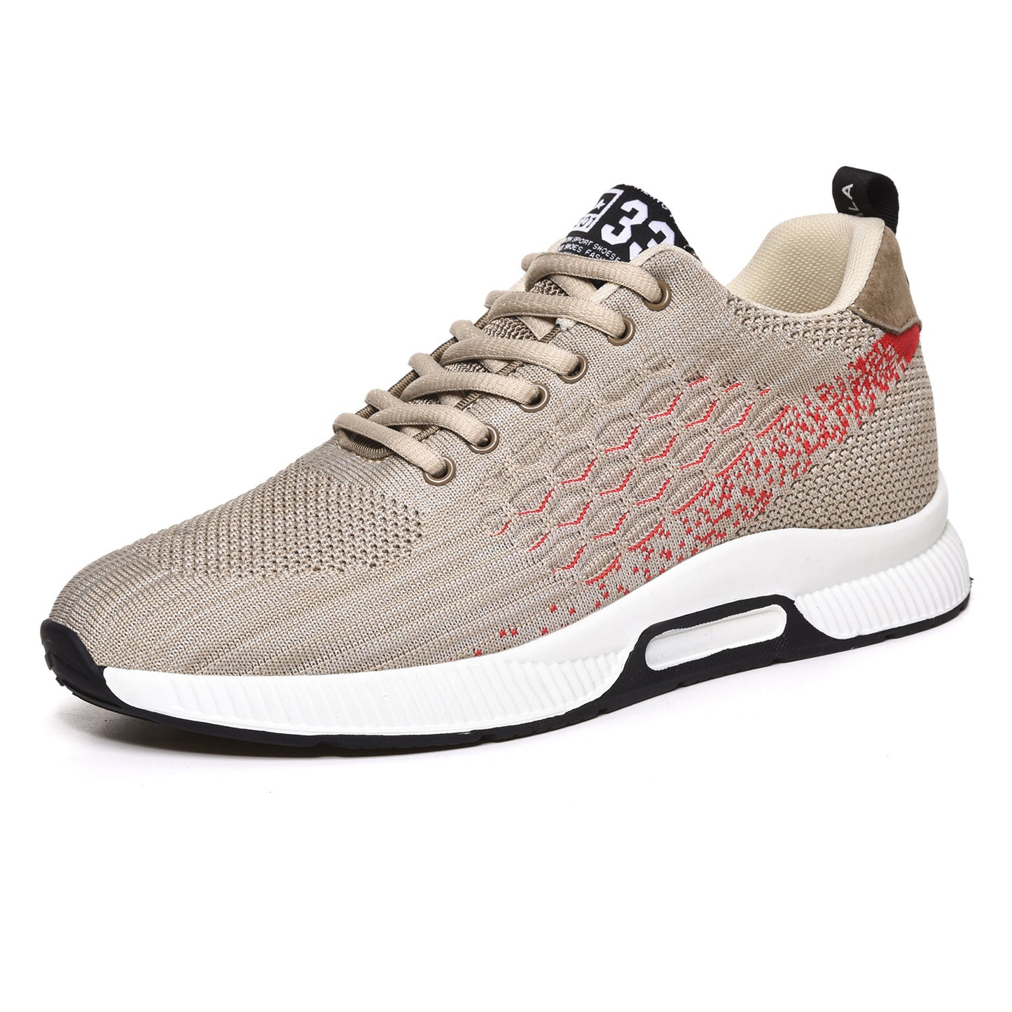 Invisible Height Increasing 6CM Fly-kit Mesh Running Shoes Product information: Pattern: stripes Applicable sports: Universal Lining material: Mesh Color: black, gray, khaki Upper height: low top Heel height: low heel (1-3CM) Heel shape: height increase i