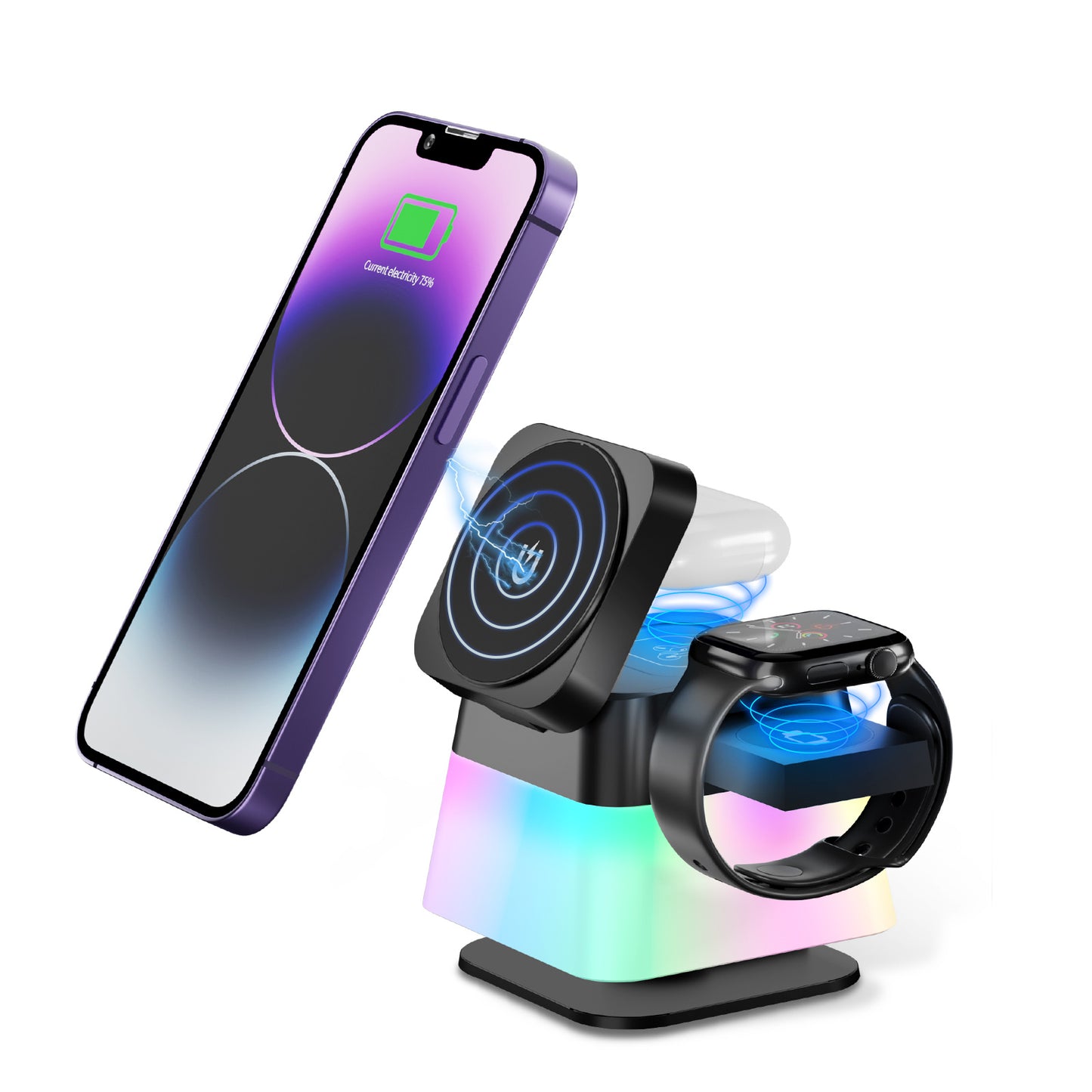 4 In 1 Rotatable Colorful Lighting Wireless Charger Stand For Phone 15 14 13 12 Pro Max 8 7 Holder Magnetic Fast Charging Station Overview: 1.【4 in 1 Magnetic Wireless Charger】- The Magnetic wireless charger can charge iPhone, apple watch, and AirPods. 2.