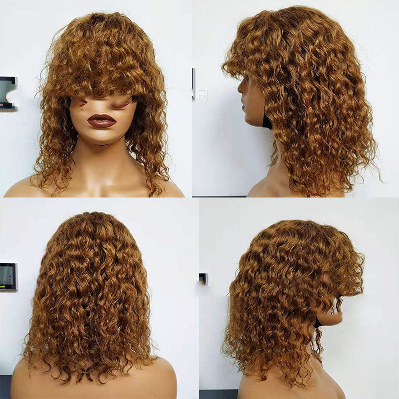 Water Wave Human Hair Wigs With Bangs Product information: Treatment process: mechanism Wig length: medium and long hair Whether it can be dyed and ironed: it can be dyed Hair material: real hair Applicable skin tone: any skin tone Applicable face shape:
