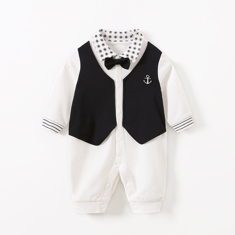 Gentleman's baby clothes long sleeve baby onesies Fabric name: Cotton Main fabric composition: cotton Main fabric ingredient content: 99 (%) Size Length Bust Sleeve Length Hips Shoulder to crotch 59cm 50 25 22 28 37 66cm 53.5 26 24 29 39 73cm 57 27 26 30