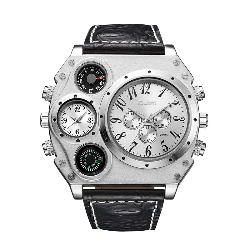 Dual time zone quartz watch for men Movement type: quartz Thickness: 13 mm Crown type: spiral crown Mirror material: mineral - reinforced glass mirror Watchband material: imitation leather Case material: alloy Movement: quartz Dual time zone quartz watch
