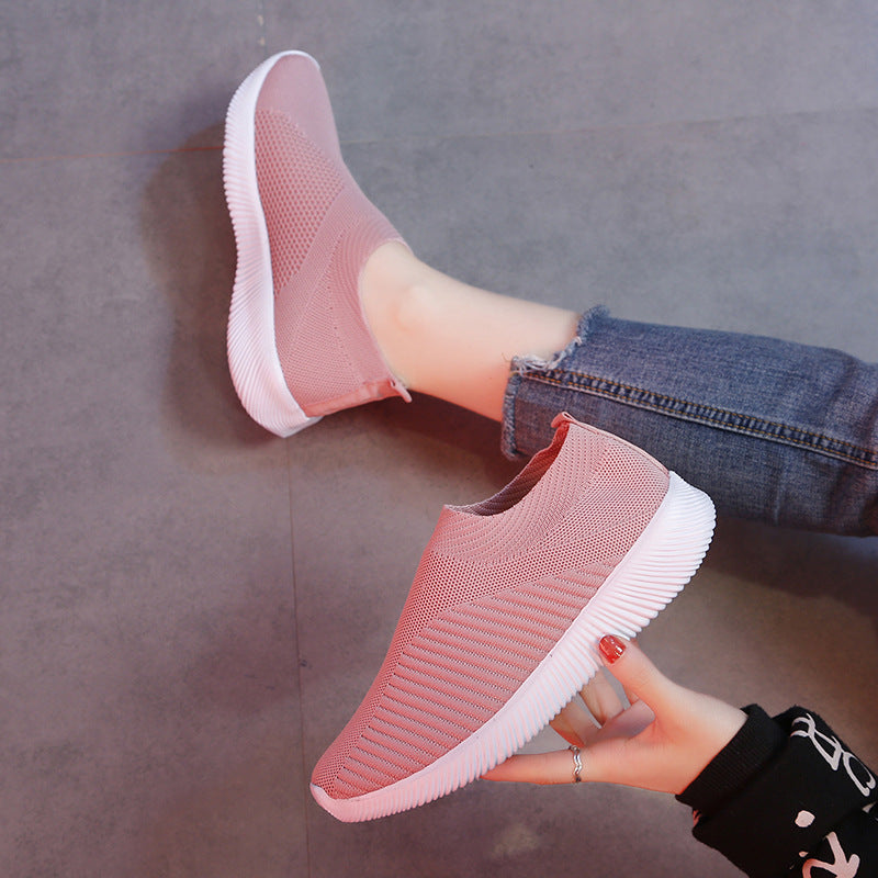 Korean Version Of Large Size Sports Flying Woven Casual Shoes Heel height : low heel (1-3CM) pattern: plain Toe shape : round head Popular elements : shallow mouth, hollow Applicable gender : Female Upper material : Knitting Style: Korean Sole Material: R