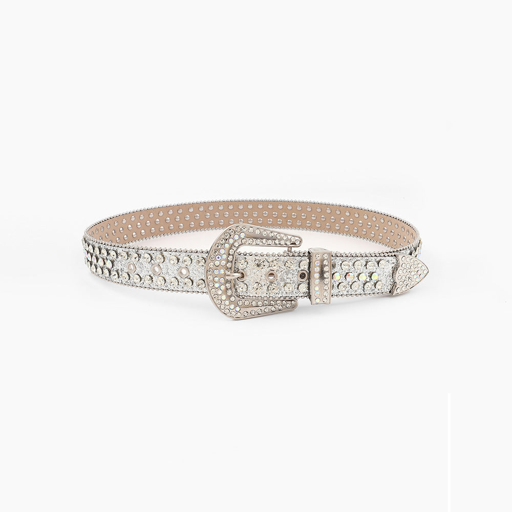 Versatile Fashion Edge Beads New Rhinestone Belt Women's Belt Product information: Treatment Process: Punching Width: ordinary (2-4cm) Color: Silver Belt buckle material: Alloy Size: 92/102/112/122/132cm Material: PU leather Fastening method: pin buckle S