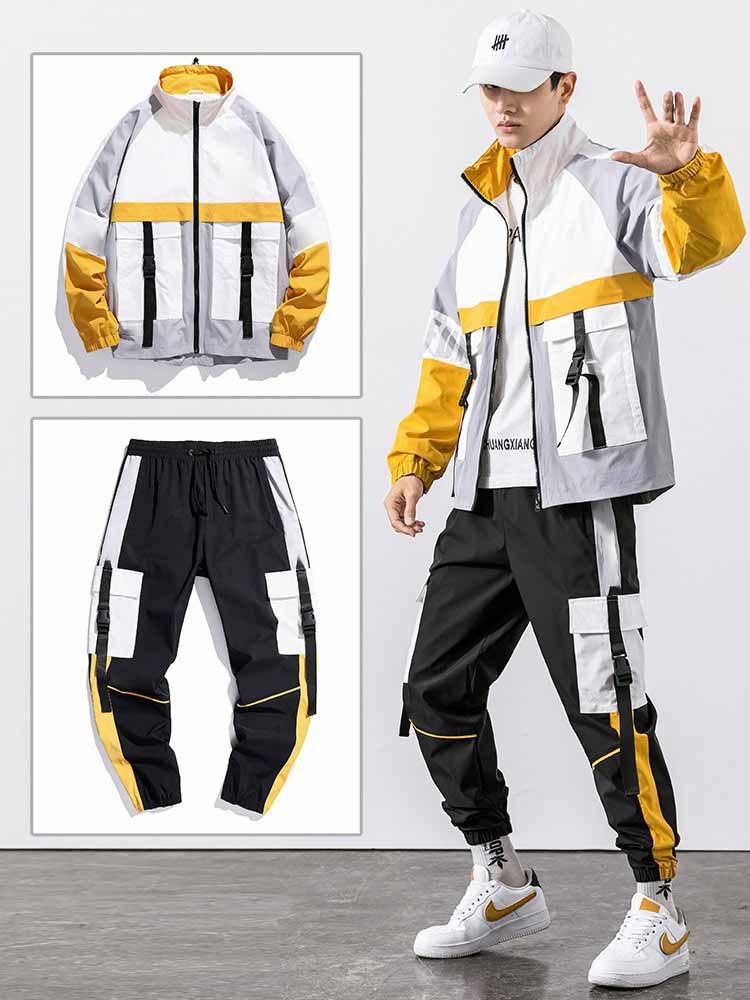 Spring And Autumn Sports Suit Street Trendy Boys Casual Workwear Jacket Multi-pocket Trousers Two-piece Set Product information: Color: medium gray, purple, yellow Top sleeve length: long sleeve Pants length: pants Size: small, medium, large, 2XL, 3XL Thi