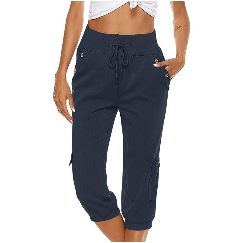 Women's Cropped Pants Cotton Linen Cargo Pocket Casual Pants Product information: Fabric name: polyester cotton bamboo joint Color: black, gray, Army Green, royal blue, khaki, navy blue, all colors and sizes, a large number of in stock Main fabric composi