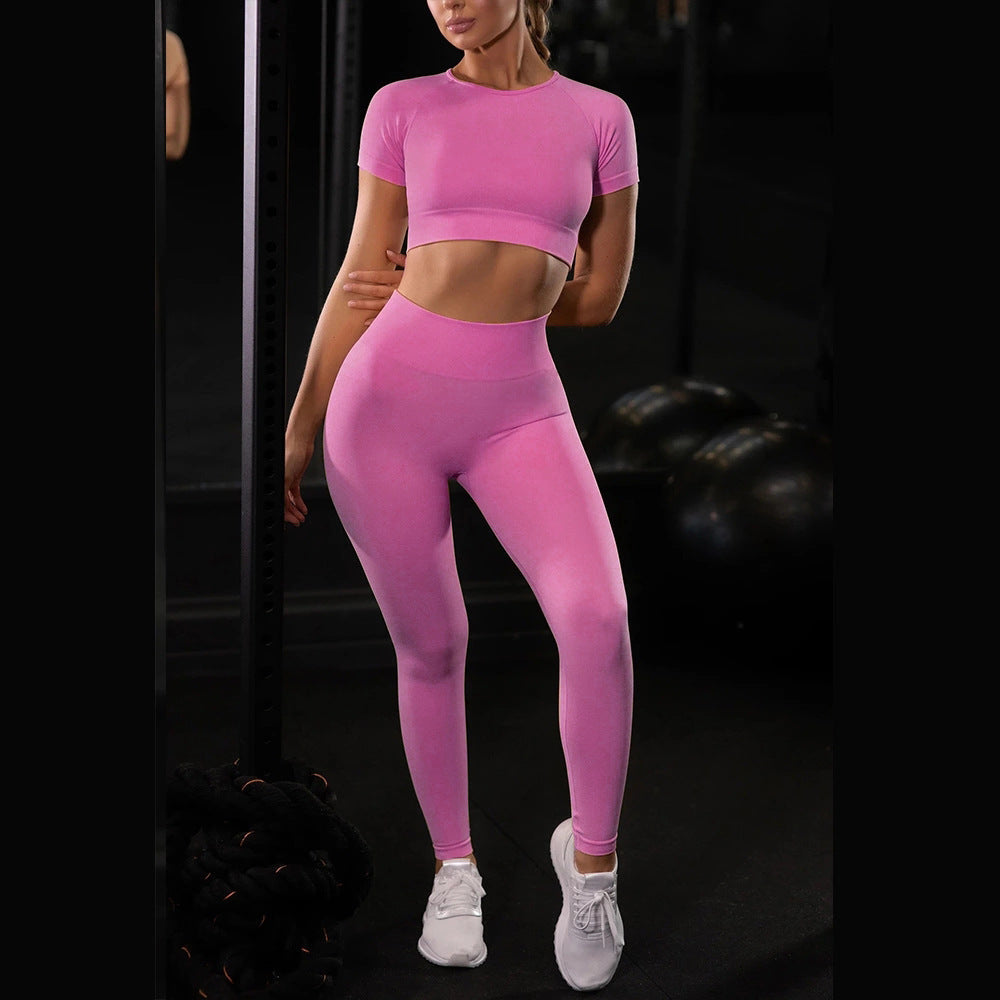 Seamless Yoga Sport Set Fitness Women Running Leggings Short Sleeve Tops Overview: Seamless, comfortable, convenient. Suitable for any body shape. 1.Asian sizes are 1 to 2 sizes smaller than European and American people. Choose the larger size if your siz