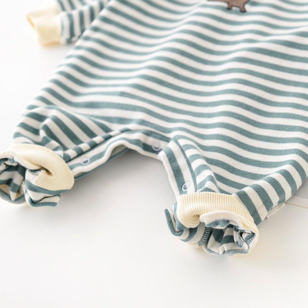 Male And Female Baby Cartoon Striped Dinosaur Embroidery Long-Sleeved Jumpsuit Product Details: Applicable gender: neutral/male and female Sleeve length: long sleeve Whether hooded: not hooded Suitable seasons: spring and autumn, spring, autumn Thickness:
