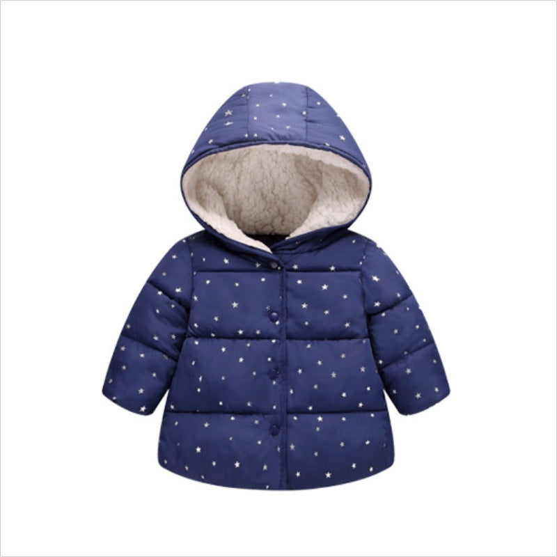 Star Children's Baby Cotton Jacket Product information: Filling: 71%-80% cotton Whether Hooded: Hooded Elements: Europe and America Fabric name: chemical fiber blended Main fabric composition: polyester fiber (polyester) Lining composition: polyester fibe