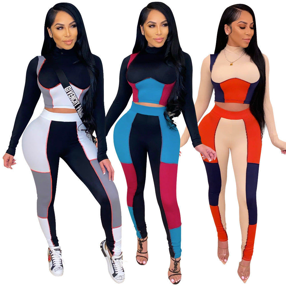 Fashion Two-Piece T-shirt Stitching Pencil Pants Product information: Style: sexy Pattern: Geometry Style: pants suit Top style: T-shirt Top sleeve length: long sleeve Pants style: pencil pants Length: trousers Popular elements: printing, stitching Proces