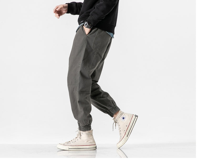 Drawstring Overalls Men's Spring And Autumn Japanese All-match Trousers With Closed Feet Product Information Main material contains lining: Cotton Size: ML XL 2XL pattern: plain Waist type: Mid-waist Color: black army green dark gray Fabric material: Cott