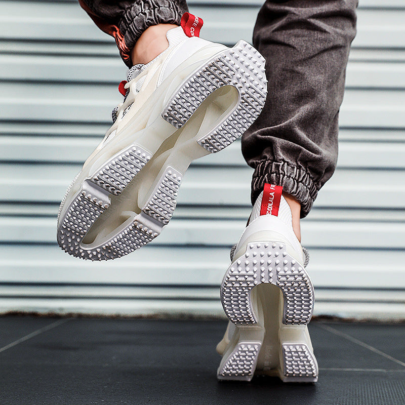 Knife Edge Sneakers Flying Woven Running Shoes Product information: Product category: sports casual shoes Style: Korean Applicable gender: neutral/male and female pattern: plain Upper material: fabric Sole material: rubber+EVA+TPU Applicable sports: gener