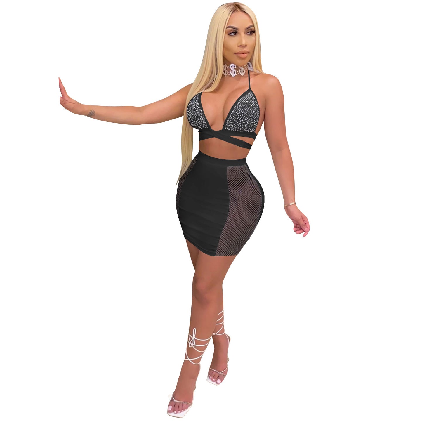 Fashion European And American Nightclub Skirt Hot Drilling Cross Straps Halter Two-Piece Suit Specification: Style: Sexy Pattern: Geometric Style: Skirt suit Top style: Small sling Top sleeve length: Sleeveless Skirt length: Short skirt Popular elements: