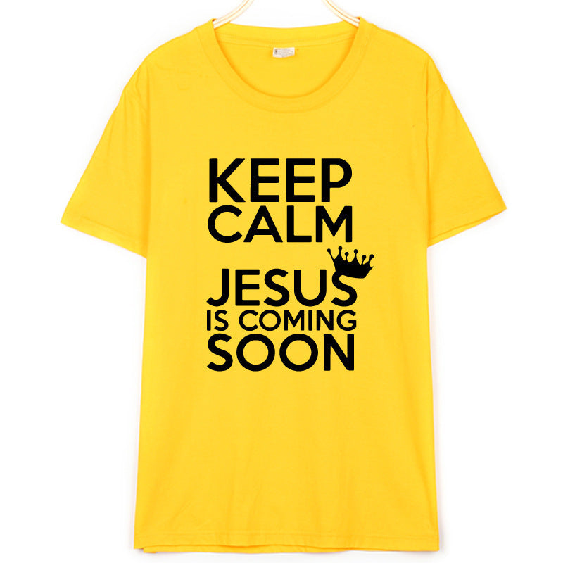 New Cotton KEEP CALM JESUS Letter Printing Men's And Women's T-shirt Product information: Fabric name: Cotton Main fabric composition: cotton The content of the main fabric ingredient: 100% Pattern: Printing Style: European and American Style: Hedging sle
