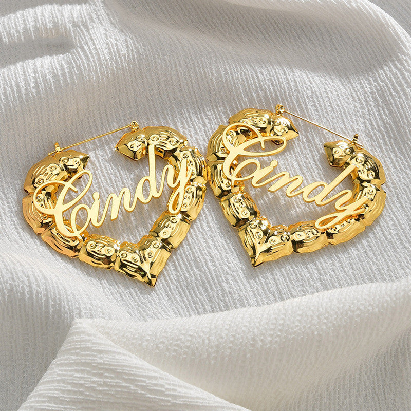 Personality Women Fashion Bamboo Hoop Earrings Letter Queen Love Sexy Dangle Earrings Overview: Custom-made personalized nameplate rests on gold bamboo hoop earrings Also a great gift for your friends and your family Our name earrings make for a great bir