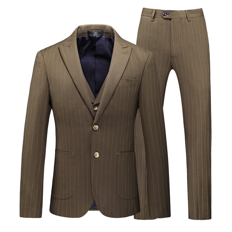 Men's Striped Suits Cross-border E-commerce Large Size Suit Three-piece Slim Wedding Dress Product information: Fabric name: chemical fiber blended Main fabric composition: viscose The content of the main fabric ingredient: 29 (%) Color: Khaki, black Size