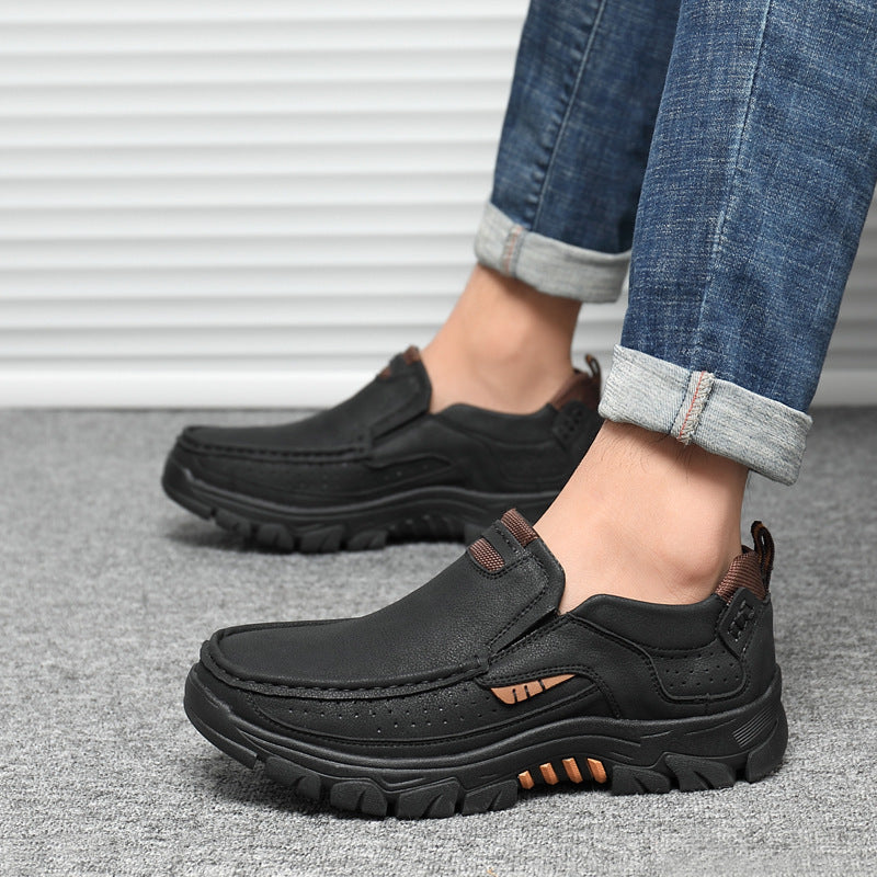 New Men's Shoes Hiking Shoes Men's Large Casual Leather Shoes Product information Product category: platform shoes Style: Casual Applicable gender: male Upper material: microfiber Supply category: spot Toe shape: round head Heel height: flat heel Sole Mat